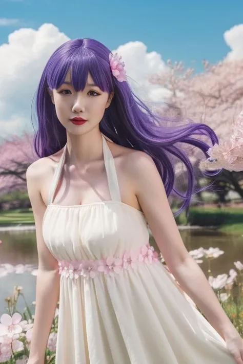 ultra-detailed,highly detailed,best quality,masterpiece,illustration,
matou sakura, 1girl, solo,cosplay,
white dress, halter dress, sundress,bare shoulders,
purple hair, long hair,hair ornament, hair flower, bangs,
outdoors, flower, grass, field, day,
looking at viewer,wind,cloud,sky, floating hair, floating clothes, cherry blossoms,falling petals, upper body,
<lora:matou sakura_xhq_v1_03:1.0>