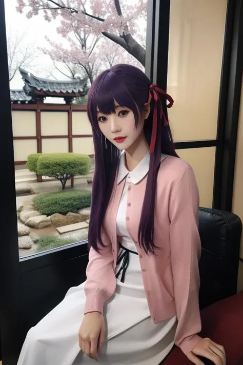 ultra-detailed,highly detailed,best quality,masterpiece,illustration,
matou sakura, 1girl, solo, 
long hair, hair ribbon,hair behind ear, 
photo background, looking at viewer,standing,
indoors,east asian architecture,sitting, 
 <lora:matou sakura_zzs_v1_04:0.7>