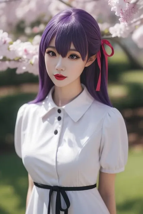 ultra-detailed,highly detailed,best quality,masterpiece,illustration,realistic, real,photo,photorealistic,
matou sakura, 1girl, solo,cosplay,
hair ribbon, long dress, collared dress,puffy short sleeves, ribbon, official alternate costume,
purple hair, purple eyes, bangs, long hair, hair between eyes,
photo background, blurry, outdoors,looking at viewer, blurry background, depth of field,
<lora:matou sakura_bq_v1_01:0.7>