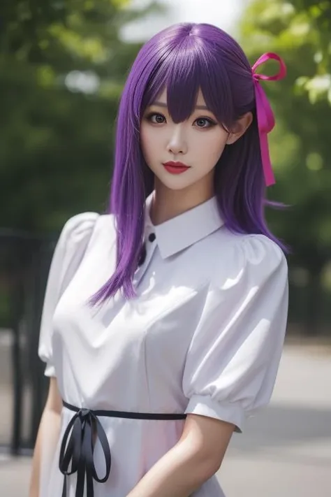 ultra-detailed,highly detailed,best quality,masterpiece,illustration,realistic, real,photo,photorealistic,
matou sakura, 1girl, solo,cosplay,
hair ribbon, long dress, collared dress,puffy short sleeves, ribbon, official alternate costume,
purple hair, purple eyes, bangs, long hair, hair between eyes,
photo background, blurry, outdoors,looking at viewer, blurry background,  depth of field,
<lora:matou sakura_bq_v1_01:0.7>