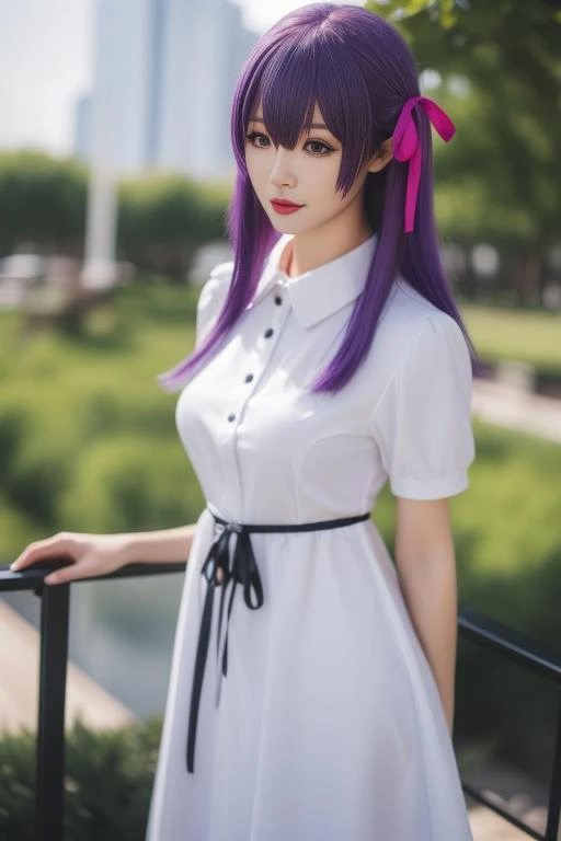 ultra-detailed,highly detailed,best quality,masterpiece,illustration,realistic, real,photo,photorealistic,
matou sakura, 1girl, solo,cosplay,
hair ribbon, long dress, collared dress,puffy short sleeves, ribbon, official alternate costume,
purple hair, purple eyes, bangs, long hair, hair between eyes,
photo background, blurry, outdoors,looking at viewer, blurry background, depth of field,
<lora:matou sakura_bq_v1_01:0.7>