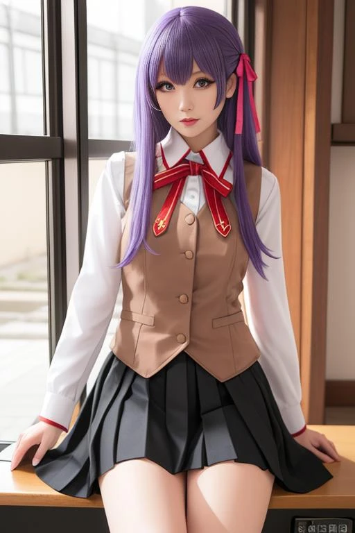 ultra-detailed,highly detailed,best quality,masterpiece,illustration,
matou sakura, 1girl, solo,cosplay,
homurahara academy school uniform, school uniform,neck ribbon, pleated skirt,vest, long sleeves, hair ribbon,collared shirt,
purple eyes, purple hair,long hair,
<lora:matou sakura_uni_v1_03:0.7>
