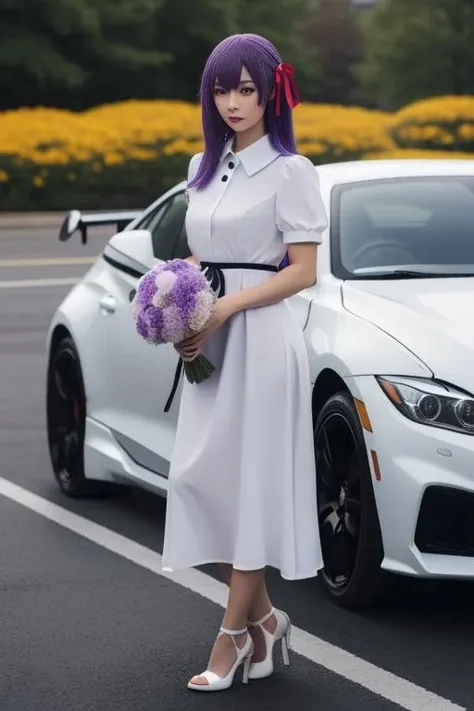 ultra-detailed,highly detailed,best quality,masterpiece,illustration,realistic, real,photo,photorealistic,
matou sakura, 1girl, solo,cosplay,
hair ribbon, long dress, collared dress,puffy short sleeves, ribbon, high heels,official alternate costume,
purple hair, purple eyes, motor vehicle, bangs, long hair, hair between eyes,
car, flower,ground vehicle, sports car,photo background, bouquet, holding flower, full body, standing, blurry, outdoors,
looking at viewer, holding bouquet, blurry background, depth of field,
<lora:matou sakura_bq_v1_01:0.7>