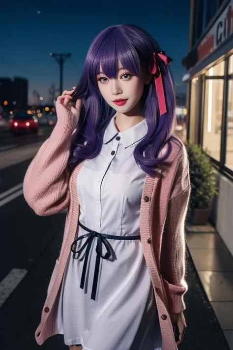 ultra-detailed,highly detailed,best quality,masterpiece,illustration,
matou sakura, 1girl, solo, 
purple hair, purple eyes, long hair, hair ribbon,hair behind ear, 
dress, ribbon, official alternate costume,short cardigan, casual,  long sleeves, collared dress, 
photo background, looking at viewer,standing,
outdoors, night, city lights, cityscape, street, 
 <lora:matou sakura_zzs_v1_04:0.7>