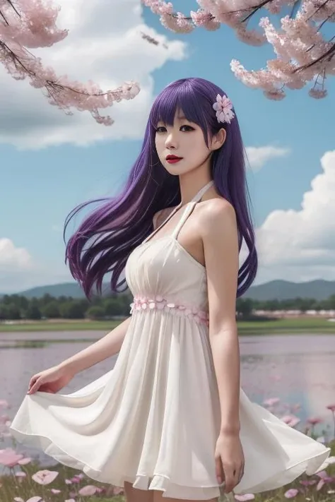 ultra-detailed,highly detailed,best quality,masterpiece,illustration,
matou sakura, 1girl, solo,cosplay,
white dress, halter dress, sundress,bare shoulders,
purple hair, long hair,hair ornament, hair flower, bangs,
outdoors, flower, grass, field, day,
looking at viewer,wind,cloud,sky, floating hair, floating clothes, cherry blossoms,falling petals, upper body,
<lora:matou sakura_xhq_v1_07:0.6>