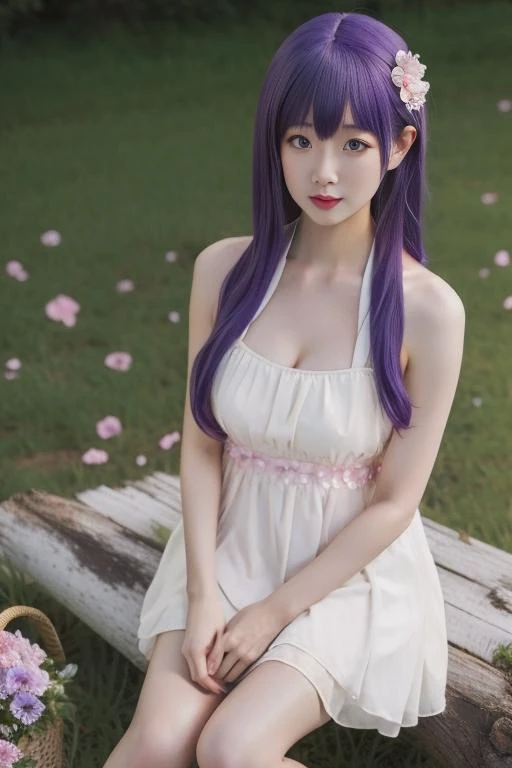 ultra-detailed,highly detailed,best quality,masterpiece,illustration,
matou sakura, 1girl, solo,cosplay,
white dress, halter dress, sundress,bare shoulders,barefoot, bare legs,
purple hair, long hair,hair ornament, hair flower, bangs,
outdoors, flower, grass, field, day,
looking at viewer,sitting, own hands together,
<lora:matou sakura_xhq_v1_07:0.7>