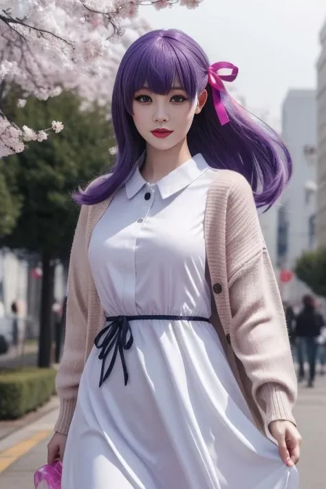 ultra-detailed,highly detailed,best quality,masterpiece,illustration,
matou sakura, 1girl, solo,
purple hair, purple eyes, long hair, hair ribbon,hair behind ear,
dress, ribbon, official alternate costume, cardigan, casual, long sleeves, collared dress,
photo background, standing, outdoors,wind,floating hair,falling petals, looking at viewer,
<lora:matou sakura_zzs_v1_04:0.7>