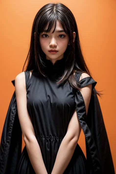 1girl,hair with bangs,black long dress,orange background,<lora:more_details:0.5>