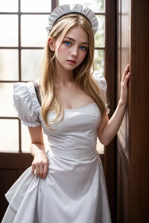 <lora:more_details:0.5>, masterpiece, best quality, high resolution, absurdres,cowboy shot, 1girl,poseing, maid, maid headdress, blonde hair, blue eyes