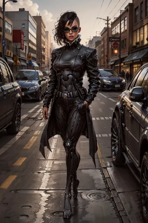 (masterpiece, best quality:1.2), <lora:yelena_fedorova-20:0.6>, yelenaDX_soul3142, 1girl, sunglasses,coat, car, street, city, hand in pocket, city, realistic