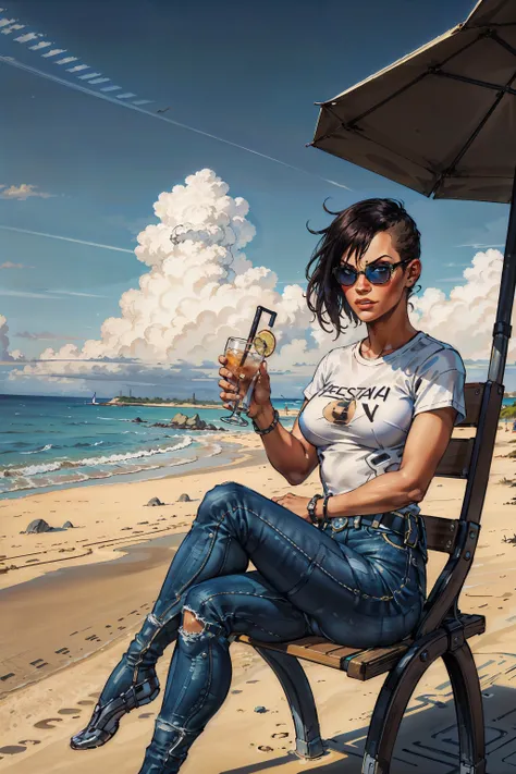 (masterpiece, best quality:1.2), <lora:yelena_fedorova-20:0.6>, yelenaDX_soul3142, 1girl, sunglasses,(tshirt:1.1), denim jeans, (holding cocktail:1.1), sitting, chair, table, umbrella, beach, seascape, clouds, sky,