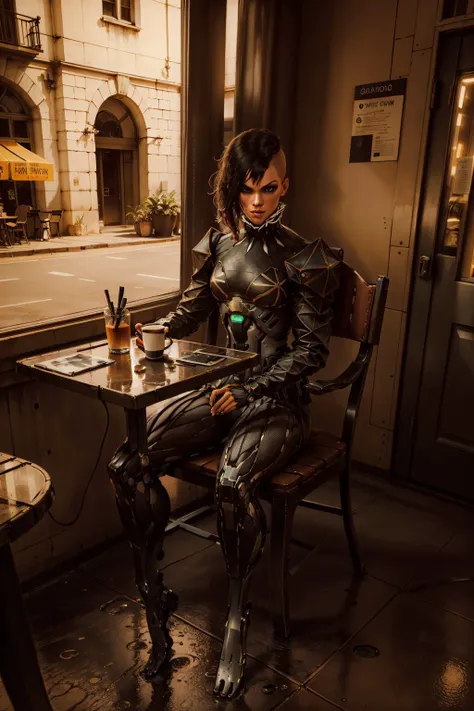 (masterpiece, best quality:1.2), <lora:yelena_fedorova-20:0.6>, yelenaDX_soul3142, solo, sitting, chair, table, cyborg, cafe, window, outdoors