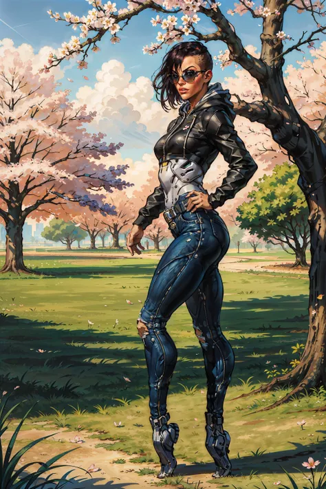 (masterpiece, best quality:1.2), <lora:yelena_fedorova-20:0.6>, yelenaDX_soul3142, 1girl, sunglasses,(hoodie:1.1), denim jeans, outdoors, tree, petals, sunlight, grass, cherry blossoms
