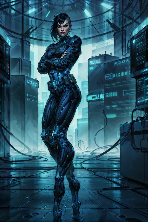 (masterpiece, best quality:1.2), <lora:yelena_fedorova-20:0.7>, yelenaDX_soul3142, 1girl, solo, crossed arms, science fiction, cyborg, (cyberpunk),