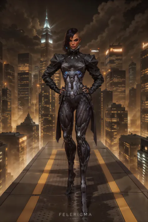 (masterpiece, best quality:1.2), <lora:yelena_fedorova-20:0.7>, yelenaDX_soul3142, black hair, undercut, standing, dark skin, hand on hip, cyborg, mechanical legs, night, building, city, cityscape, city lights, cyberpunk