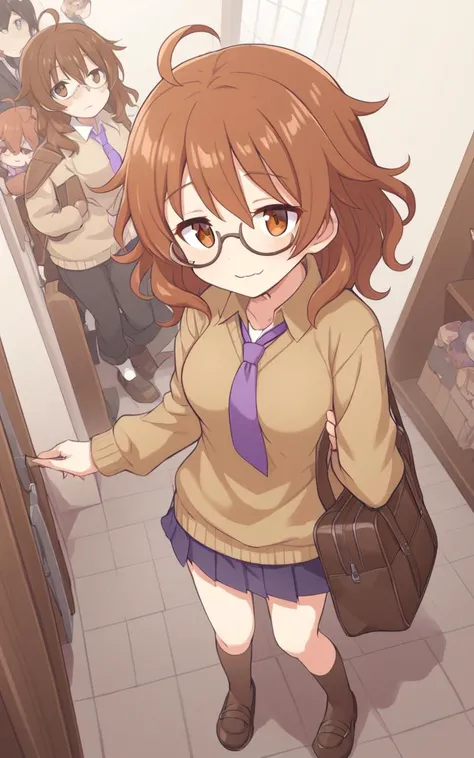 1girl, <lora:sdxl-cg-arakihina:0.6>, araki hina, underrim_eyeglass, jitome, brown eyes, brown hair, medium hair, ahoge, messy hair, big hair, medium breasts, Vampire Aristocratfs Mansion wavy mouth smile, toward the buttocks, looking up, Aerial Shot, serafuku , brown long sleeve, sweater , purple necktie , socks, lowfers, school bag, ((( trench coat ) in Sweater))
