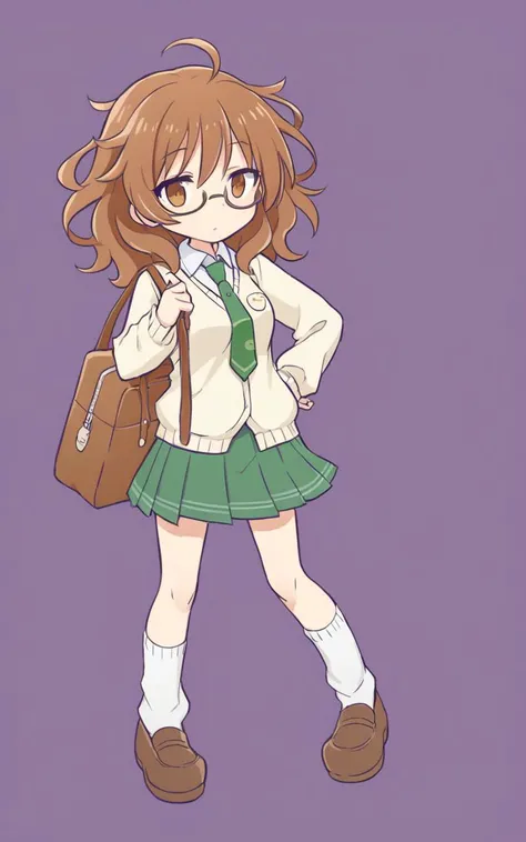 1girl, <lora:sdxl-cg-arakihina:0.6>, araki hina, underrim_eyeglass, jitome, brown eyes, brown hair, medium hair, ahoge, messy hair, big hair, medium breasts, Cursed Garden happy, hip view, looking afar, face to tiptoe, school uniform , white vest , green necktie , high socks, lowfers, school bag, ((( pea coat ) in Sweater))