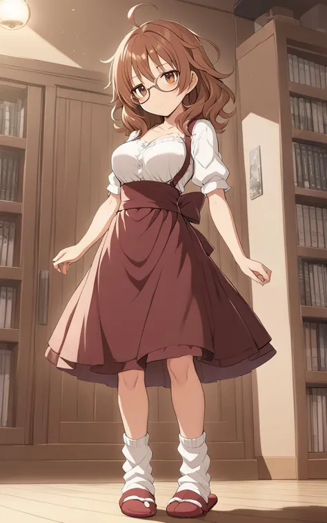 1girl, <lora:sdxl-cg-arakihina:0.6>, araki hina, underrim_eyeglass, jitome, brown eyes, brown hair, medium hair, ahoge, messy hair, big hair, medium breasts, extremely quality extremely detailed, illustration, contrapposto, cute anime face cinematic lighting cinematic angle, burgundy dirndl, apron, white blouse loose socks slippers