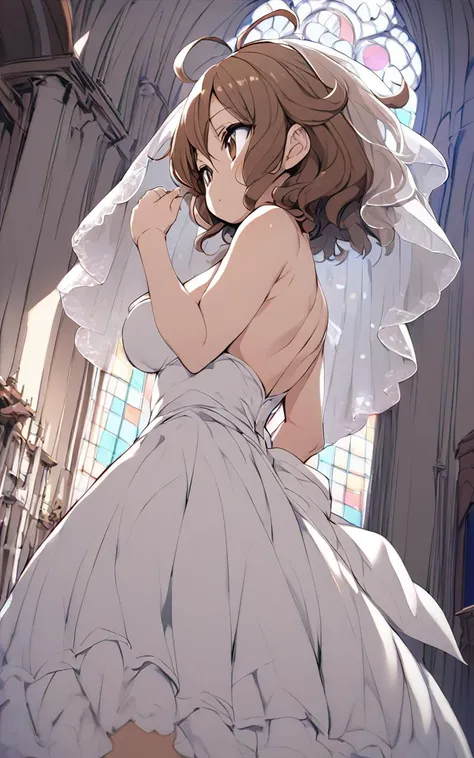 1girl, <lora:sdxl-cg-arakihina:0.6>, araki hina, underrim_eyeglass, jitome, brown eyes, brown hair, medium hair, ahoge, messy hair, big hair, medium breasts, Vampire Palace, Wedding dress veil church, from behind, looking away, Low Angle, score_9, score_8, score_7_up