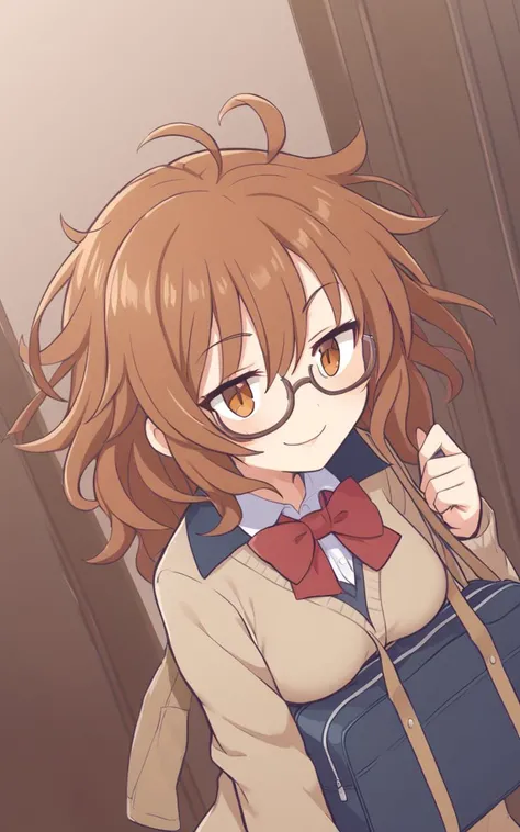 1girl, <lora:sdxl-cg-arakihina:0.6>, araki hina, underrim_eyeglass, jitome, brown eyes, brown hair, medium hair, ahoge, messy hair, big hair, medium breasts, Vampire Academy smug, foot focus (focus sole of foot), look up to, portrait, school uniform , navy  vest , vermilion bowtie , pantyhose, lowfers, school bag, ((( pea coat  ) in Sweater))