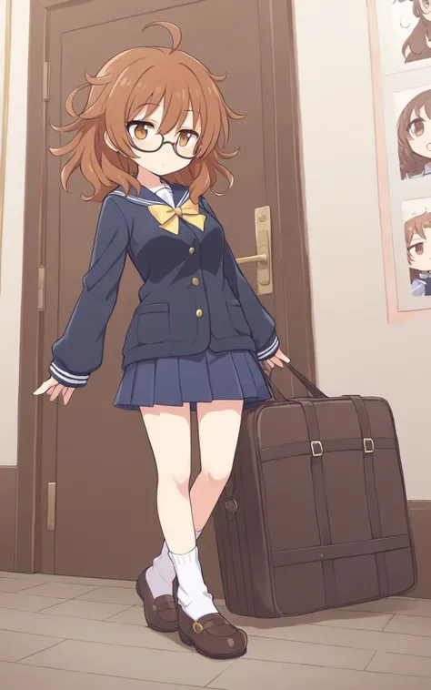 1girl, <lora:sdxl-cg-arakihina:0.6>, araki hina, underrim_eyeglass, jitome, brown eyes, brown hair, medium hair, ahoge, messy hair, big hair, medium breasts, Eternal Darkness pupils sparkling, foot focus (focus sole of foot), looking at another, face to tiptoe, serafuku , white long sleeve, sweater , iridescence bowtie , ankle socks, lowfers, school bag, ((( pea coat ) in Sweater))