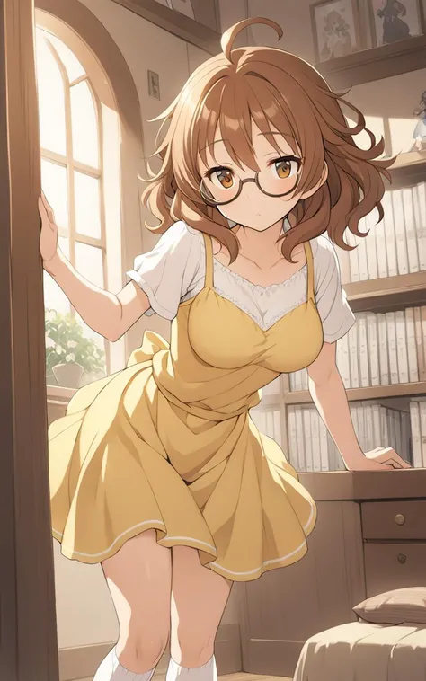 1girl, <lora:sdxl-cg-arakihina:0.6>, araki hina, underrim_eyeglass, jitome, brown eyes, brown hair, medium hair, ahoge, messy hair, big hair, medium breasts, extremely quality extremely detailed, illustration, contrapposto, cute anime face cinematic lighting cinematic angle, yellow sundress, white blouse high socks trainers
