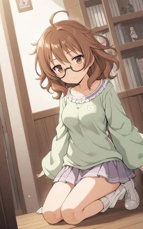 1girl, <lora:sdxl-cg-arakihina:0.6>, araki hina, underrim_eyeglass, jitome, brown eyes, brown hair, medium hair, ahoge, messy hair, big hair, medium breasts, extremely quality extremely detailed, illustration, contrapposto, cute anime face cinematic lighting cinematic angle, light burgundy wide sleeves frilled shirt, sleeves past wrists silver mini skirt  loose socks bulb_toe_shoes