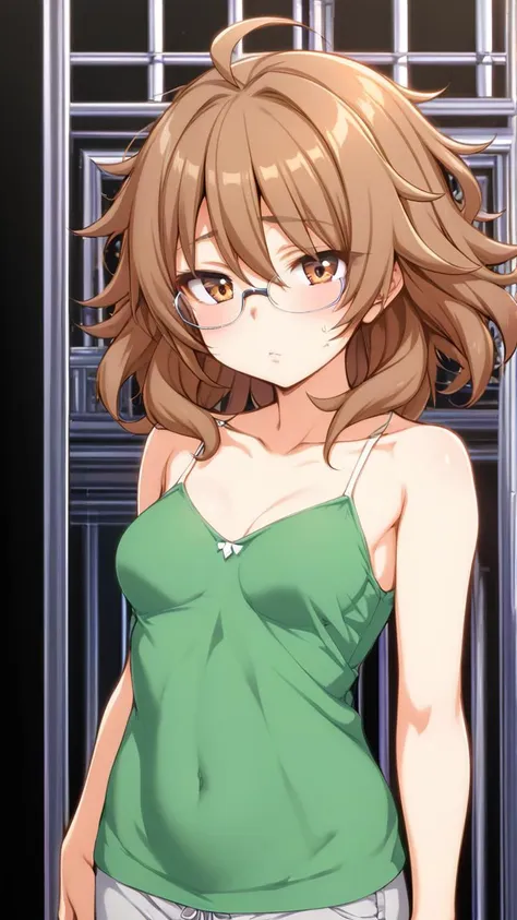 score_9, score_7_up
1girl, <lora:sdxl-hina:0.6>, sdxl-hina, underrim_eyeglass, jitome, brown eyes, brown hair, medium hair, ahoge, messy hair, big hair, medium breasts ++ Elated ++ Green camisole, gray sweatpants
extremely quality extremely detailed, illustration, contrapposto, Faint lips,UC:realistic cute anime face cinematic lighting cinematic angle