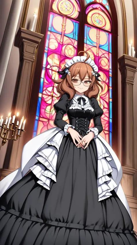 score_9, score_7_up
1girl, <lora:sdxl-hina:0.6>, sdxl-hina, underrim_eyeglass, jitome, brown eyes, brown hair, medium hair, ahoge, messy hair, big hair, medium breasts ++ kind smile
extremely quality extremely detailed, illustration, contrapposto, Faint lips,UC:realistic cute anime face cinematic lighting cinematic angle, lower eyelashes eyelashes, Gothic Frilled dress, long skirt, Headdress, bowknot, hair ornament hair flower, eyeliner skindantation black fishnet_pantyhose, garter straps, Lace, cross-laced footwear, frilled blouse ribbon-trimmed sleeves, puffy sleeves bloomers, candlestick, stained glass intricate gothic architecture church