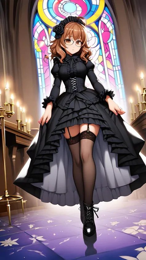 score_9, score_7_up
1girl, <lora:sdxl-hina:0.6>, sdxl-hina, underrim_eyeglass, jitome, brown eyes, brown hair, medium hair, ahoge, messy hair, big hair, medium breasts ++ Excited 
extremely quality extremely detailed, illustration, contrapposto, Faint lips,UC:realistic cute anime face cinematic lighting cinematic angle, lower eyelashes eyelashes, Gothic Frilled dress, long skirt, Headdress, bowknot, hair ornament hair flower, eyeliner skindantation black fishnet_pantyhose, garter straps, Lace, cross-laced footwear, frilled blouse ribbon-trimmed sleeves, puffy sleeves bloomers, candlestick, stained glass intricate gothic architecture church