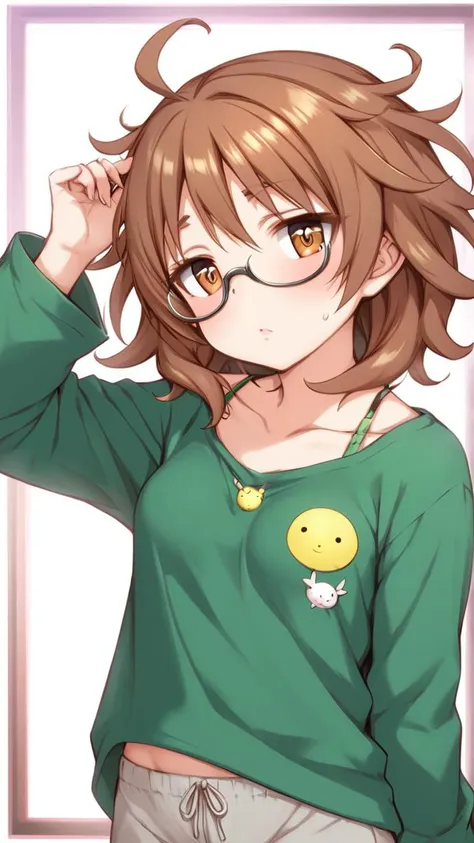 score_9, score_7_up
1girl, <lora:sdxl-hina:0.7>, sdxl-hina, underrim_eyeglass, jitome, brown eyes, brown hair, medium hair, ahoge, messy hair, big hair, medium breasts ++ pupils sparkling ++ Green camisole, gray sweatpants
extremely quality extremely detailed, illustration, contrapposto, Faint lips,UC:realistic cute anime face cinematic lighting cinematic angle