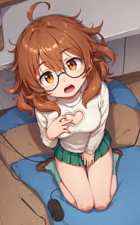 score_9, score_8_up, 1girl, <lora:sdxl-cg-arakihina-pony:0.4> araki hina, underrim round eyeglass, jitome, brown eyes, brown hair, medium hair, bedhead hair, ahoge, messy hair, big hair, medium breasts whiskers, half opened mouth, from above, Placing hand on chest , face to tiptoe, looking afar, contrapposto, dynamic pose, cinematic lighting, , deep multicolored sweater, heart cutout amber pleated plaid_skirt ankle socks bulb_toe_shoes, daytime , Altar of the Blood Moon