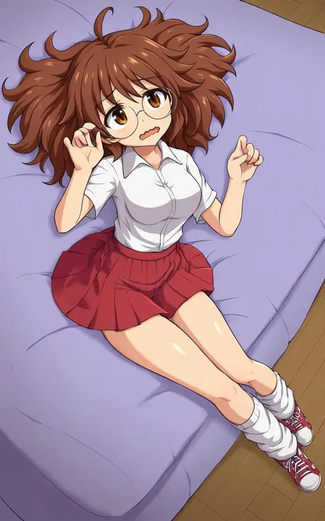 1girl, <lora:sdxl-cg-arakihina-pony:0.4> araki hina, underrim round eyeglass, jitome, brown eyes, brown hair, medium hair, bedhead hair, ahoge, messy hair, big hair, medium breasts  wavy mouth, half opened mouth, From Front, Lounging , High Angle, looking away, contrapposto, dynamic pose, cinematic lighting, Windbreaker , deep vermilion polo shirt red skirt  loose socks sneakers, daytime , Vampire Palace