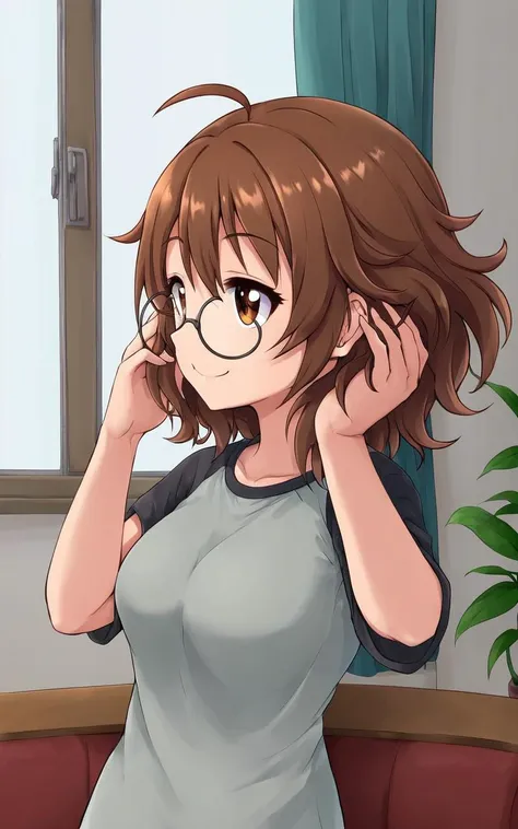 1girl, <lora:sdxl-cg-arakihina-pony:0.4> araki hina, underrim round eyeglass, jitome, brown eyes, brown hair, medium hair, bedhead hair, ahoge, messy hair, big hair, medium breasts  squinting eyes, smile, From a Distance, Holding head with both hands , Profile Shot, look up to, contrapposto, dynamic pose, cinematic lighting, , black cycle-wear  fishnet tights platform shoes, nighttime , curtains, indoors, window, sofa, table, pictue, Vases, houseplants