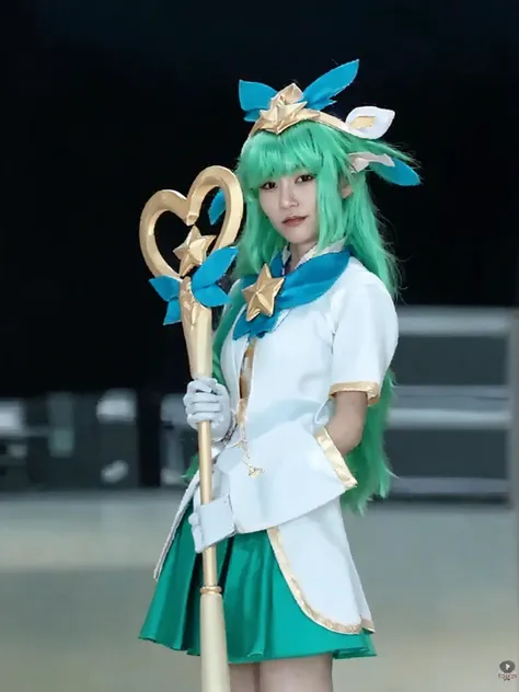 <lora:otto_20230827222917:1>,1girl, solo, gloves, green hair, long hair, cosplay, skirt, holding, staff, white gloves, green skirt, magical girl, holding staff, blurry background, elbow gloves, looking at viewer, blurry, star guardian (league of legends), short sleeves, cowboy shot, hair ornament, bangs, standing, animal ears,UHD, retina, masterpiece, ccurate, textured skin, super detail, high details, high quality, best quality, highres, 8k,