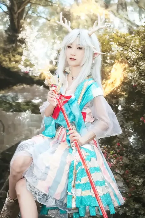 <lora:otto_20230827222917:1>,1girl, staff, anklet, white hair, solo, antlers, sitting, pointy ears, jewelry, barefoot, twintails, long hair, holding staff, holding,UHD, retina, masterpiece, ccurate, textured skin, super detail, high details, high quality, best quality, highres, 8k,