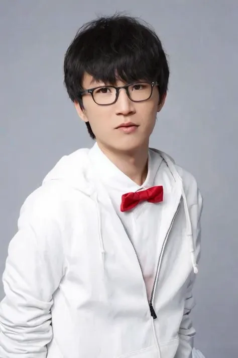 solo, glasses, realistic, black hair, male focus, bow, 1boy, bowtie, grey background, simple background, hood, looking at viewer, swept bangs, lips, hoodie, upper body, red bow, brown eyes, shirt, red bowtie, UHD, retina, masterpiece, ccurate, textured skin, super detail, high details, high quality, best quality, highres, 8k,  <lora:otto_20230827222917:1>