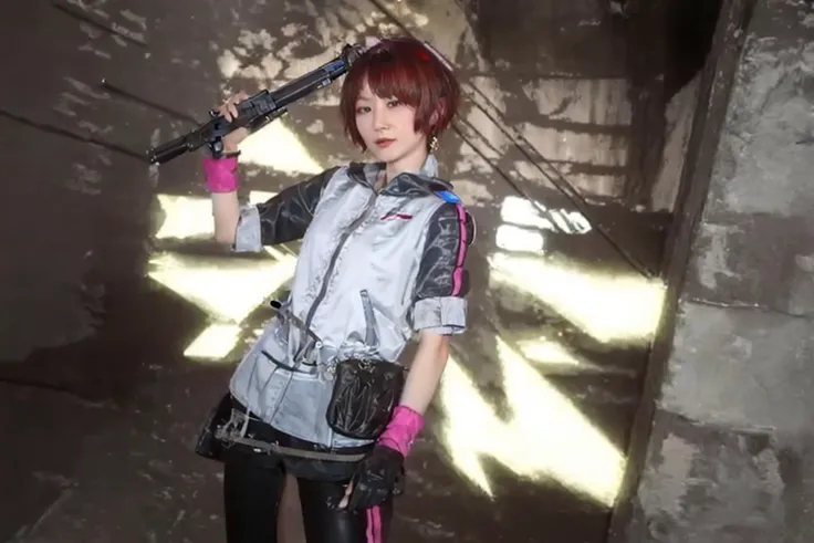 <lora:otto_20230827222917:1>,Anime - a style photo of a woman with a gun and angel wings, Anime cosplay, professional cosplay, Anime girl cosplay,cosplay, full-cosplay, cosplay, UHD, retina, masterpiece, ccurate, textured skin, super detail, high details, high quality, best quality, highres, 8k,arknights,Exusiai