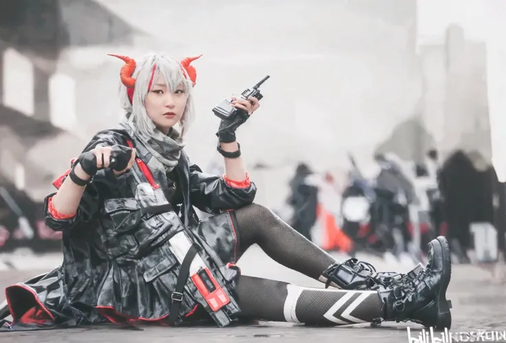 1girl, gloves, skirt, fingerless gloves, horns, holding, sitting, jacket, gun, black gloves, white hair, blurry background, boots, scarf, blurry, black scarf, black jacket, weapon, black footwear, w (arknights), looking at viewer, solo, black skirt, multicolored hair, full body, solo focus, cosplay, red eyes, artist name, pantyhose, assault rifle, hair between eyes, pants, red hair, bangs, streaked hair, holding gun, short hair, UHD, retina, masterpiece, ccurate, textured skin, super detail, high details, high quality, best quality, highres, 8k,  <lora:otto_20230827222917:1>