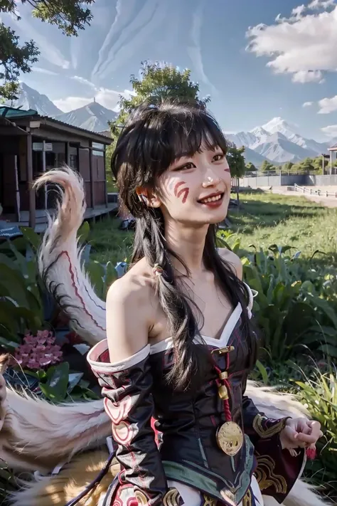 (realistic:1.3), finely detailed, quality, rembrandt lighting, (masterpiece:1.2), (photorealistic:1.2), (best quality), (detailed skin:1.3), (intricate details), dramatic, ray tracing, 1girl, korean girl, 21 years old, detailed skin texture, (blush:0.5), (goosebumps:0.5), subsurface scattering, smiling, very long hair, parted bangs, medium breasts, (ah1, facial mark, multiple tails, fox tails, korean clothes, bare shoulders, detached sleeves:1.2), cowboy shot, (outdoors, bright sunny day, trees, grass, mountains), <lora:otto:0.8>