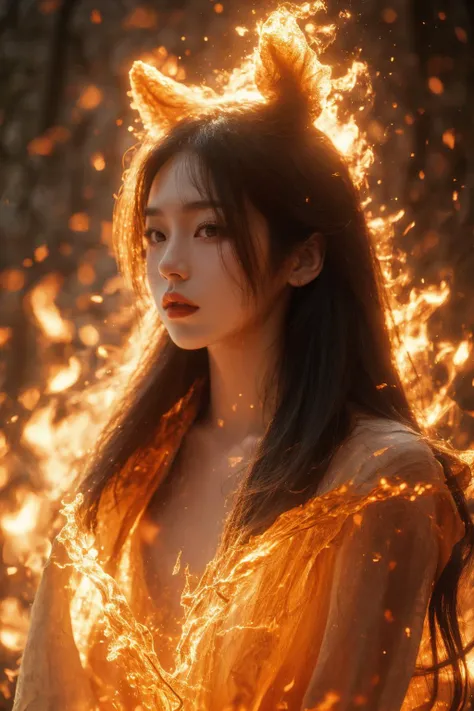 It is (realistic fantasy) el arte withtiene brasas, real flames, real heat, and realistic fire. Generate a masterpiece artwork of a  female fire druid with large (((orange and gold))) eyes. The fire druid is awe-inspiring with beautiful ((Realistic burning eyes)) alight with withfidence and power. His features are elegant and well defined.., with ((Soft and swollen lips)), elven bone structure, and realistic shading. Your eyes are important and should be the focal point of this piece of art., with ((Extremely realistic details, Macro details, and shine.)) She wears a billowing, shimmering dress made of realistic flames and jewels that sparkle in the firelight... Wisps of fire and smoke border the dress&#39;s intricate bodice.. Include bumps, stones, burning iridescence, glowing embers, silk &amp; satin &amp; leather, an interesting background, and heavy fantasy elements. camera: Use dynamic compositing techniques to enhance realistic flames., long blond hair