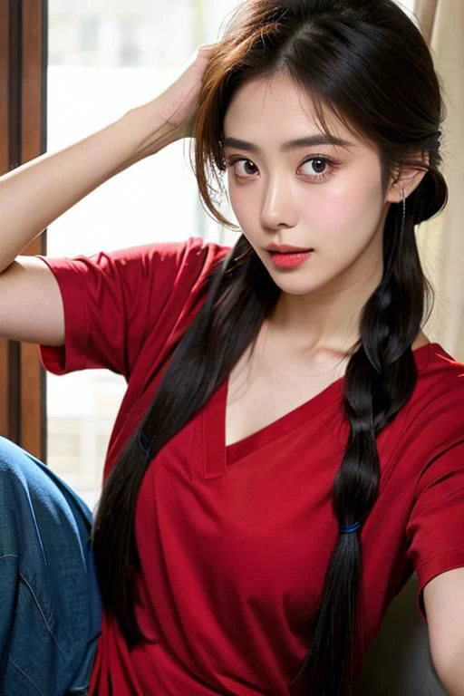 A striking British-North Indian beauty with hazel-blue eyes, fair skin, and a chic side braid exudes captivating allure in a red v-neck shirt, emanating seductive elegance