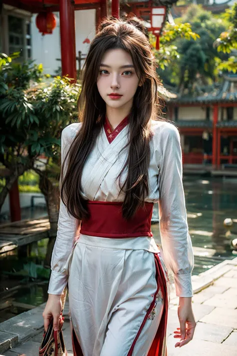 (masterpiece, top quality, best quality, official art, beautiful and aesthetic:1.2), absurdres:1.2, Kodak portra 400, (1 girl:1.3), (pale skin:1.2), pink eyes, yellow twintail, walking, wonder woman suit, (Chinese garden, fractal art:1.2), Cowboy shot, <lora:more_details:1>, <lora:OC:0.33>, <lora:asian_beauty_v2:0.85>