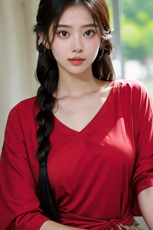A striking British-North Indian beauty with hazel-blue eyes, fair skin, and a chic side braid exudes captivating allure in a red v-neck shirt, emanating seductive elegance