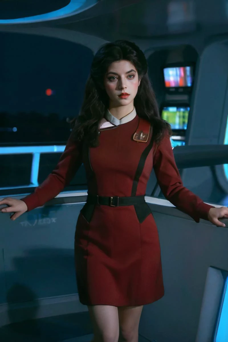 full body shot, photorealistic photo of Krloal, woman, stoic expression, skeptical expression, wearing a red star trek dress, standing on the bridge of the Enterprise, looking at the camera, realistic, (masterpiece:1.1), (best quality:1.1), beautiful, (intricate details), unity 8k wallpaper, ultra detailed, aesthetic, perfect lighting, <lora:Krloal_V1-000008:0.85>