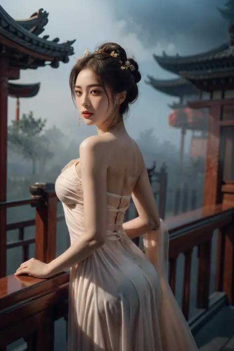 (RAW photo, 4k, realistic),masterpiece,best quality,official art,Ultra High Resolution,Original Photo,8k quality,hyper realistic,ultra hyper-realism,extremely beautiful skin,real life digital photo,stunningly beautiful,stunning details,vibrant and contrasting colors,cinematic photograph,(soft laterial light:1.4),chiaroscuro,((Hasselbladphotography)),(cinematic lighting),soft lighting,dynamic angle,(cold and blue tone impression),vivid illumination,masterful technique,harmonious composition,cowboy shot,
1 girl,a chinese goddess standing in fog,wearing chinese dress with intricate patterns,bare shoulders,(rose:1.3)(fog:1.2),(chinese architecture background),charming,slim body,mature,helpless,feeble,emotional,sensitive,luxury,gorgeous,elegance,earrings,jewelry,(golden hair ornament),beautiful thin neck,
<lora:add_detail:1>,pureerosface_v1,<lora:epi_noiseoffset2:0.6>,<lora:add_sharpness:0.5>,<lora:ä¸å½å¤ä»£å¥³æ§çé¬å¼ååè¾
å©LORA_V1:1>,hair1yunbing,short hair,hair bun,big hair,hair up,updo,