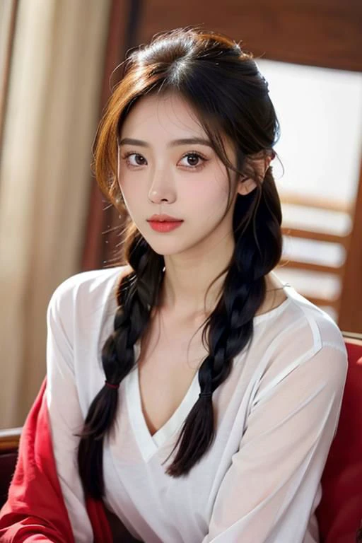 A striking British-North Indian beauty with hazel-blue eyes, fair skin, and a chic side braid exudes captivating allure in a red v-neck shirt, emanating seductive elegance
