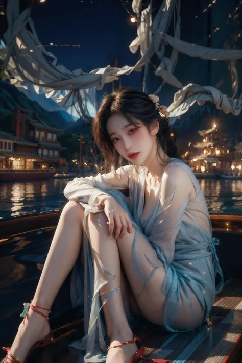 (RAW photo, 4k, realistic, exquisitely detailed skin :1.3),masterpiece,best quality,an award-winning work,ultra detailed,depth of field,cinematic angle,cinematic light,low key,dark scene,(soft warm laterial lighting:1.2),(hdr:1.4)(hyperrealism, soft light, sharp),(hyperdetailed:1.2),cinematic lighting,explosions,over exposure,intricate details,magazine cover,dynamic angle,
chiaroscuro,emotional impression,(Psychedelic,Addictive,drug addict,decadent atomsphere,drunk,),
(1 girl, solo focus, a chinese lady sitting on a boat floating on the river, chinese landscape, moutains,outdoors, starry sky:1.5),cleavage,beautiful legs,milky skin,emotional,(wearing traditional long white chinese wedding dress with phoenix pantterns,long sleeve,)(ribbons:1.2)(chinese architecture:1.5),(silk:1.2),
(extremely detailed skin),charming,shy,seductive,emotional,mature female,evil grin,
dynamic pose,extremely beautiful skin,shiny skin,natural skin texture,beautiful and aesthetic,atmospheric,extremely detailed background,
vivid illumination,
exceptional detail,
atmospheric depth,
masterful technique,
harmonious composition,
cinematic lighting,
immersive atmosphere,
stunning visuals,
<lora:add_detail:1>,pureerosface_v1,
<lora:anxiang:0.4>,
<lora:runstyle:0.6>,rose Red and blue,light bronze and indigo,runstyle,
<lora:epi_noiseoffset2:1>,<lora:LowRA:0.5>,