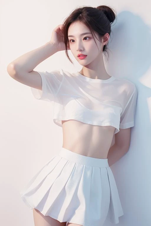 (best quality, lifelike), medium shot, a cute girl, hair bun, mole, parted lips, skinny figure, small breasts, <lora:lbc_see_T_Sailor suit_v1.0:1:lbw=CLOTH> see-through white shirt, short sleeves, white skirt, dynamic pose, <lora:beautySkinæé¹¤-å¦å®¹_v1:0.8> <lora:makeupSliderå¦å®¹æ»å_v1.0:-0.45> <lora:SkinDetaileræé¹¤-ç®è¤è´¨æè°æ´å¨-å·®å¼ç¼ä¸¹åè½æ§lora模å_æé¹¤v1:0.75> <lora:QualitySlideré«è´¨éè°èå¨:-0.65>