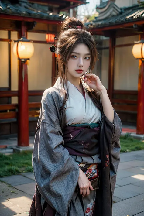 (masterpiece, top quality, best quality, official art, beautiful and aesthetic:1.2), absurdres:1.2, Kodak portra 400, (1 girl:1.3), (pale skin:1.2), brown eyes, purple curled hairdo, walking, (Hanfu, kimono:1.2), (Chinese garden, fractal art:1.2), Cowboy shot, <lora:more_details:1>, <lora:OC:0.33>, <lora:asian_beauty_v2:0.85>